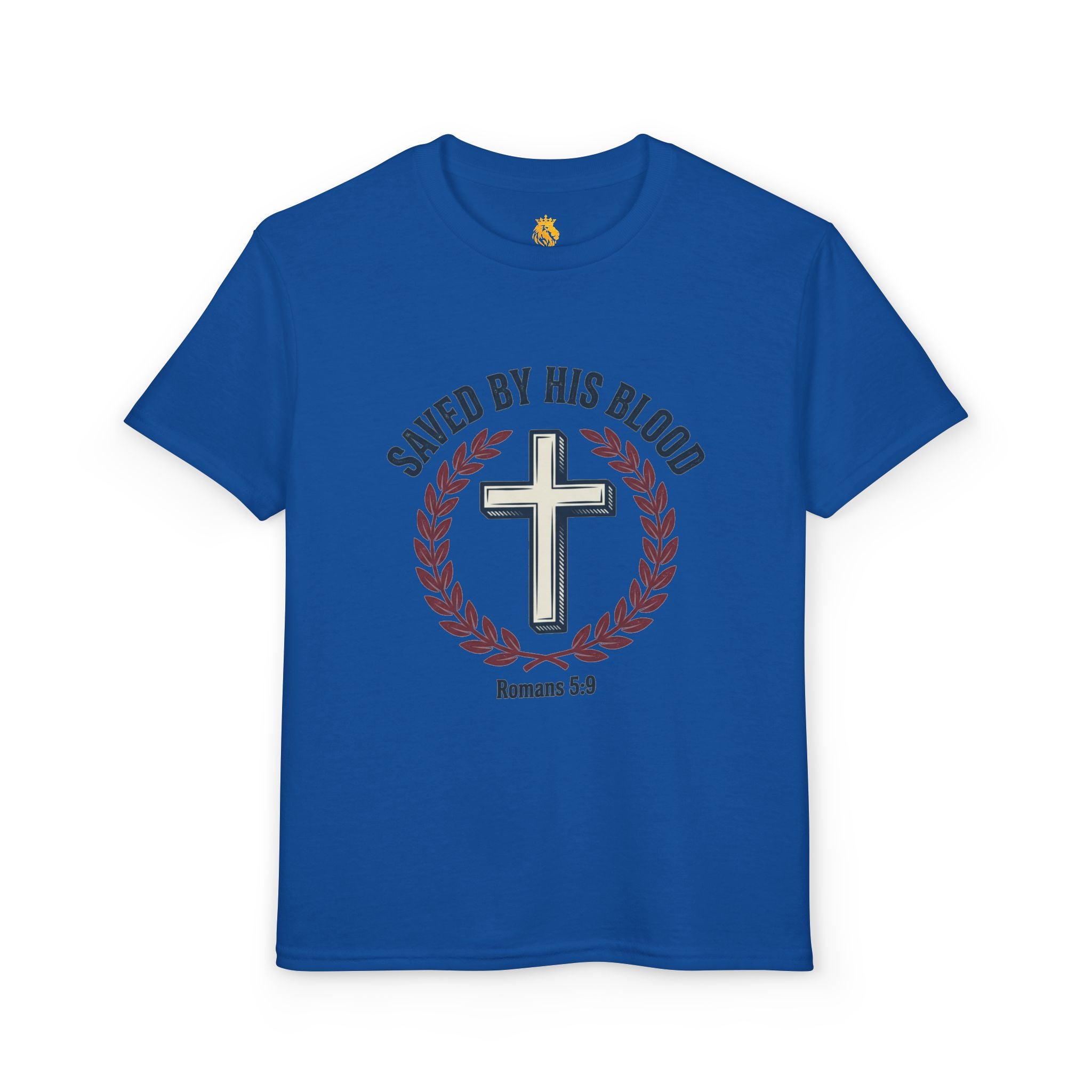 Youth Christian T-Shirt — "Saved by His Blood" Cross Design (God's Child #1)