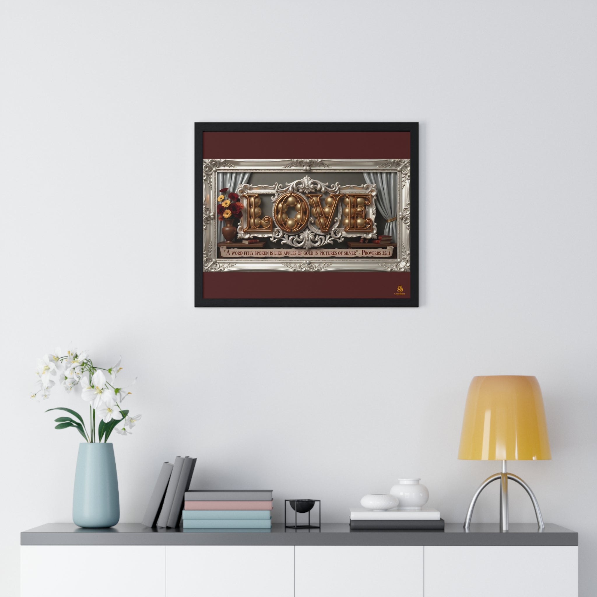 Framed Poster — 'LOVE' Ornate Wall Art with Proverbs 25:11 Quote