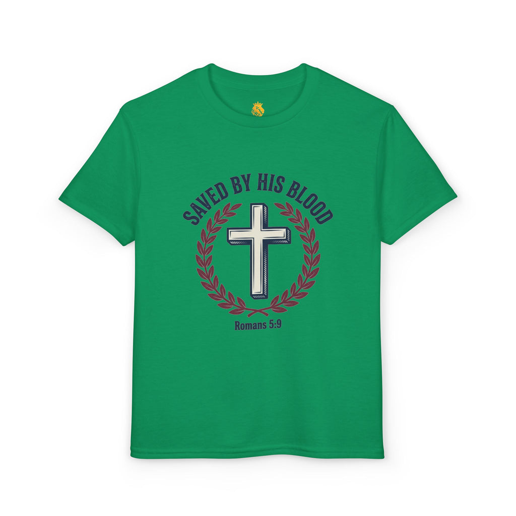 Youth Christian T-Shirt — "Saved by His Blood" Cross Design (God's Child #1)