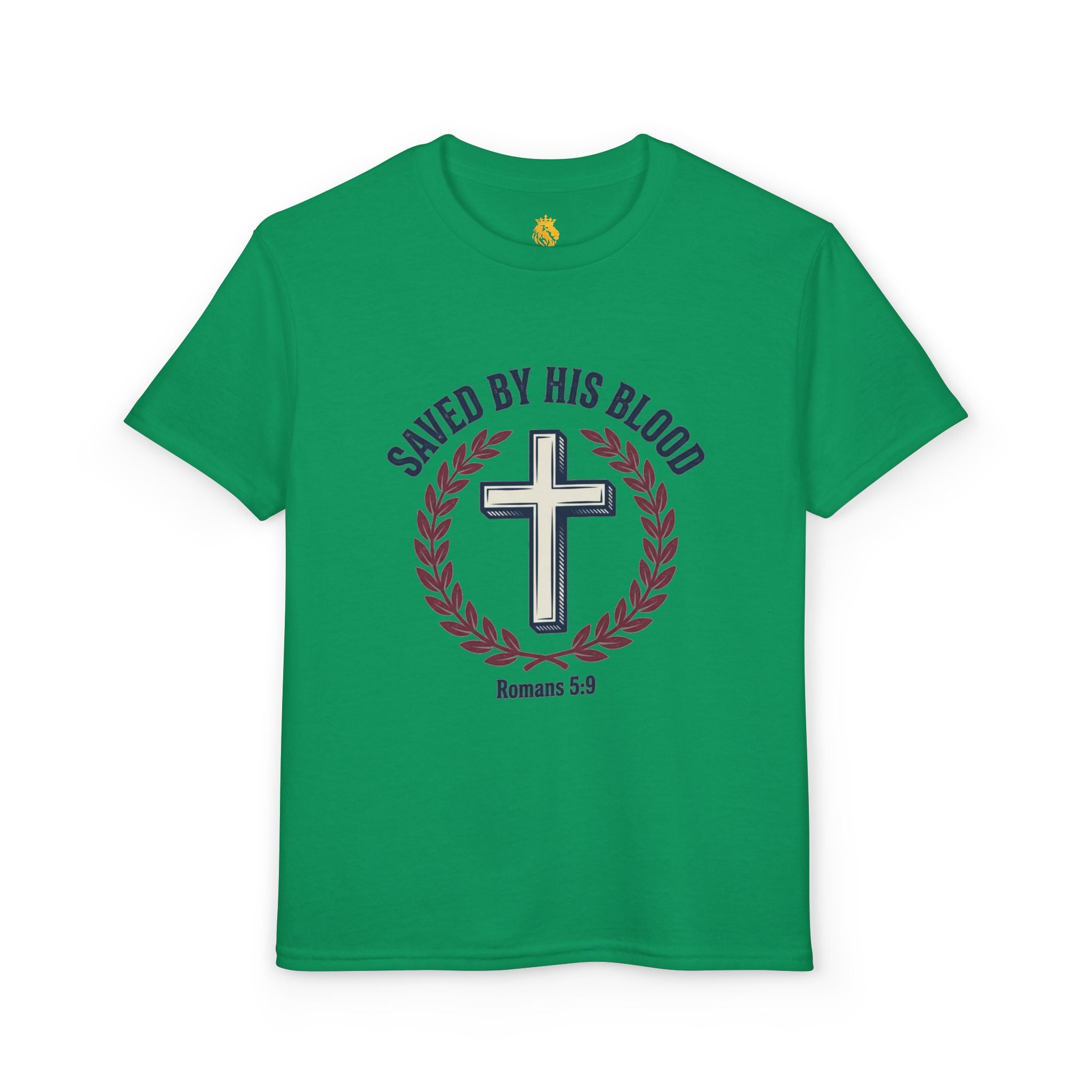 Youth Christian T-Shirt — "Saved by His Blood" Cross Design (God's Child #1)