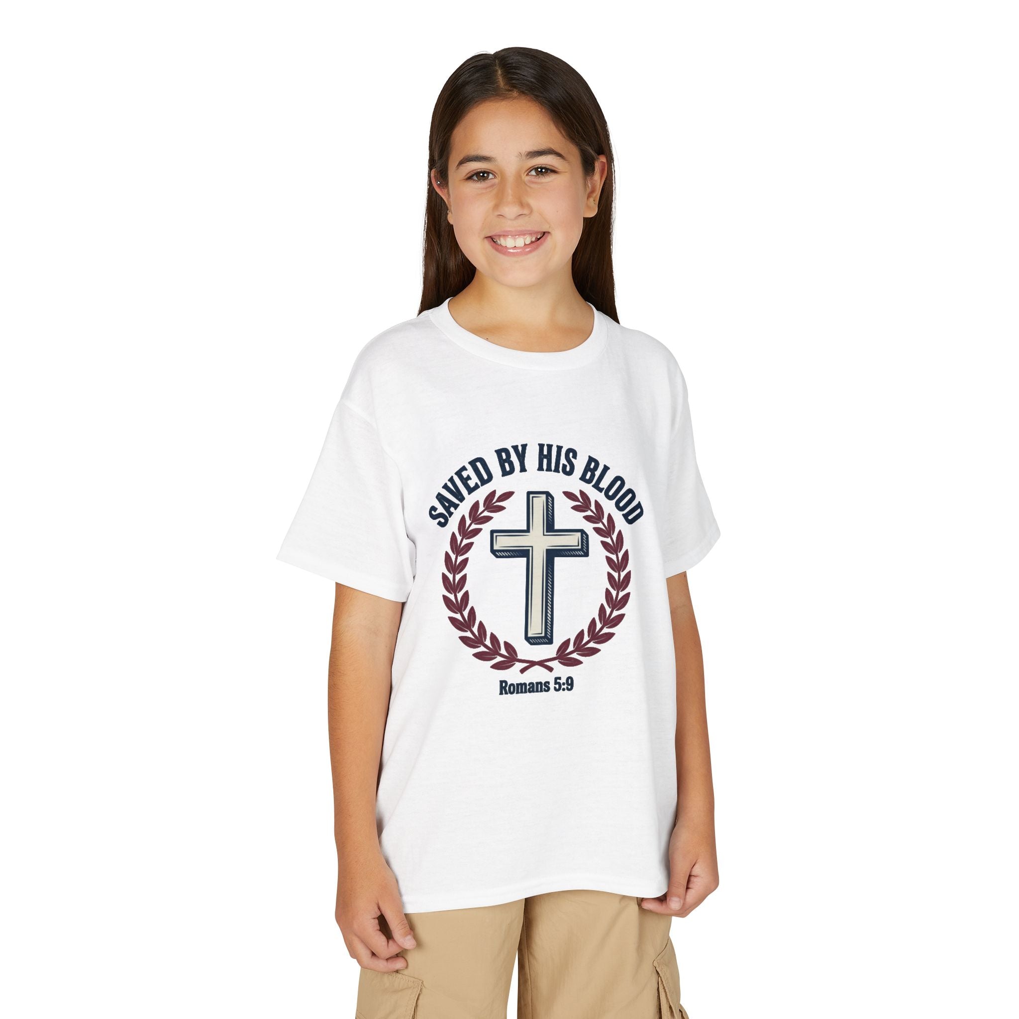 Youth Christian T-Shirt — "Saved by His Blood" Cross Design (God's Child #1)
