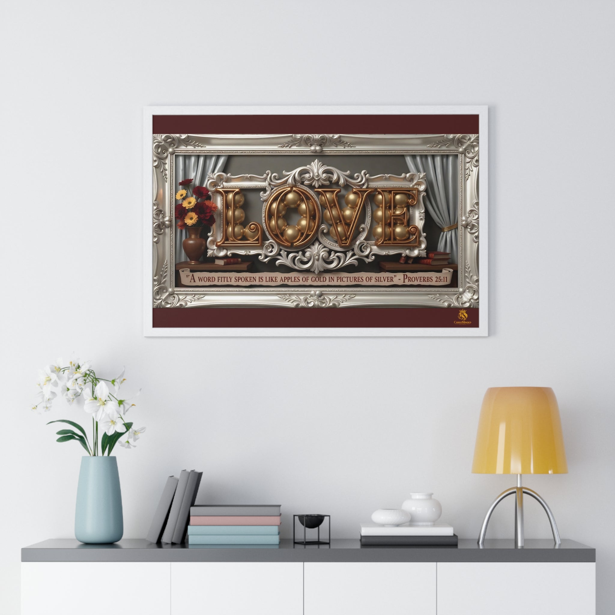 Framed Poster — 'LOVE' Ornate Wall Art with Proverbs 25:11 Quote