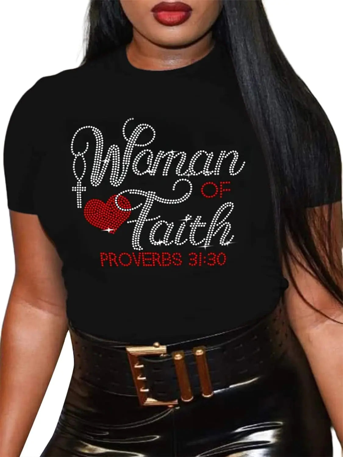 Woman of Faith Shirts "Proverbs 31:30" Christian Rhinestone Bling Women Black Short T-Shirt